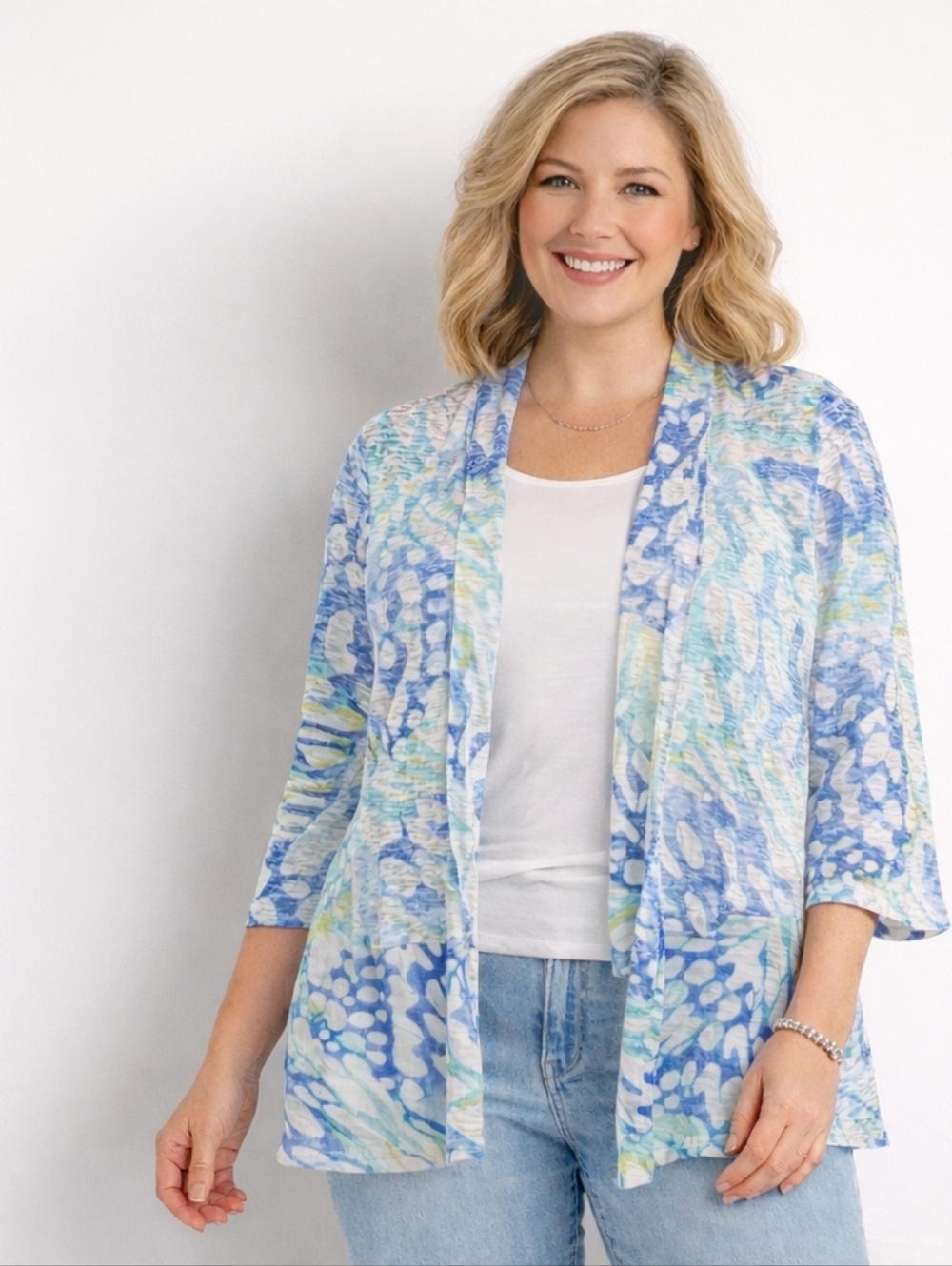 Alfred Dunner Floral Open Front Cardigan 1X Blue Green Lightweight 3/4 Sleeve